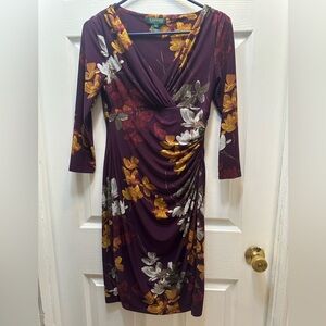 Lauren Ralph Lauren Plum Floral Ruched Long Sleeve Midi Dress